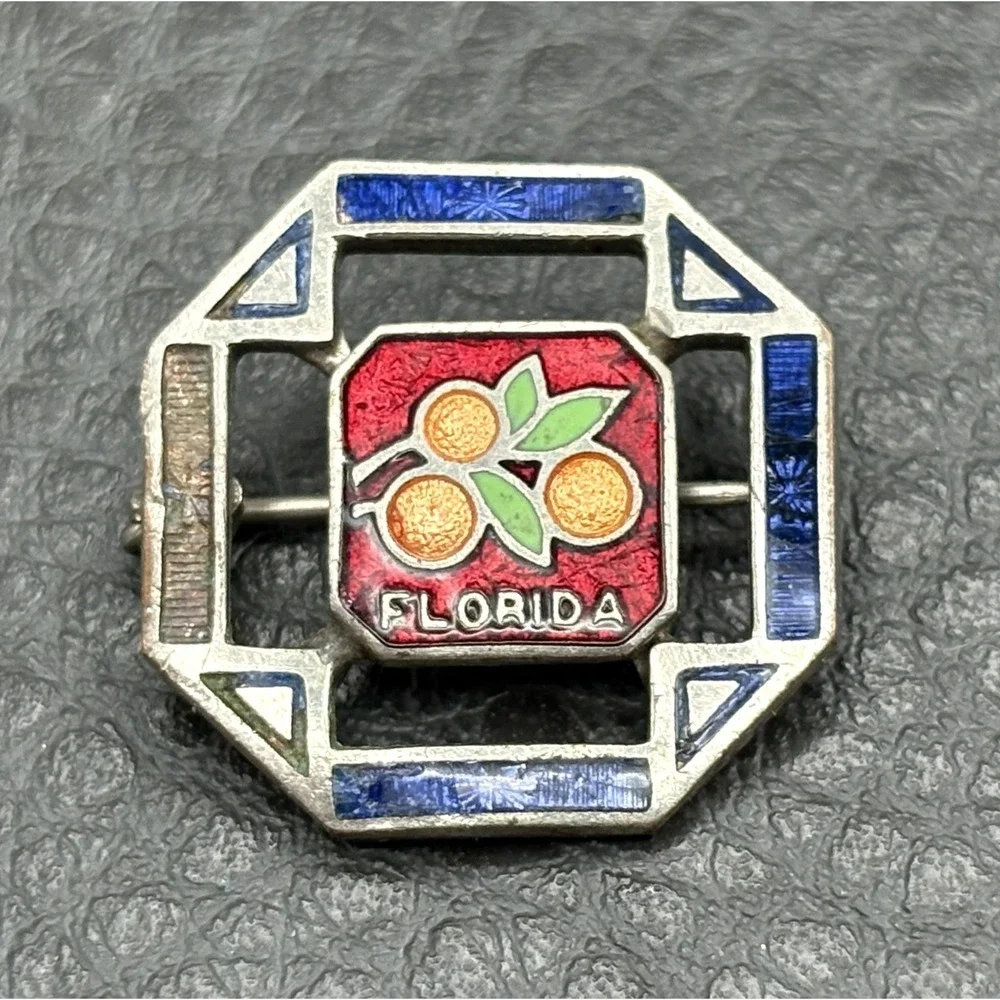 Antique Art Deco Guilloche Enamel Pin Florida Oranges Small Souvenir READ